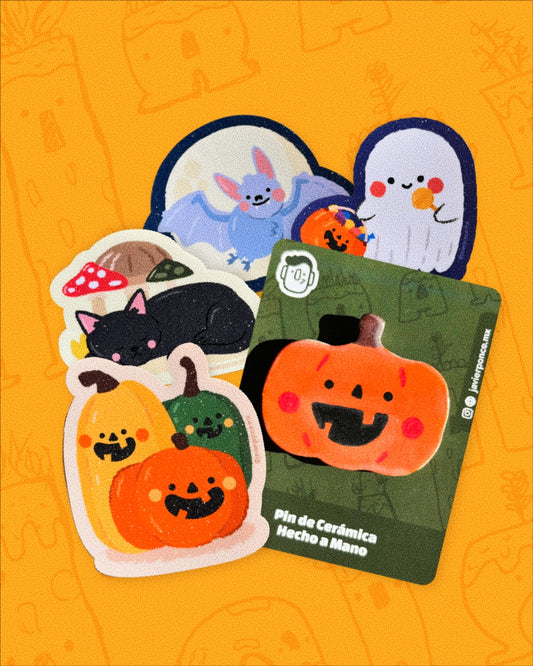 Set de Calabaza de Halloween: Pin + 4 Stickers