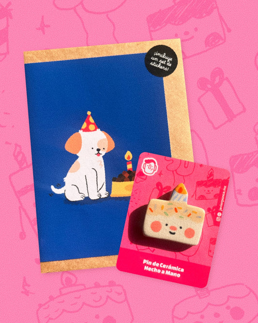 Set de Perrito Cumpleañero: Tarjeta + Pin