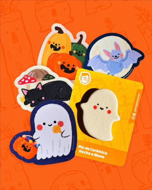 Set de Fantasma Halloween: Pin + 4 Stickers