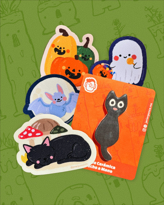 Set de Gato de Halloween: Pin + 4 Stickers