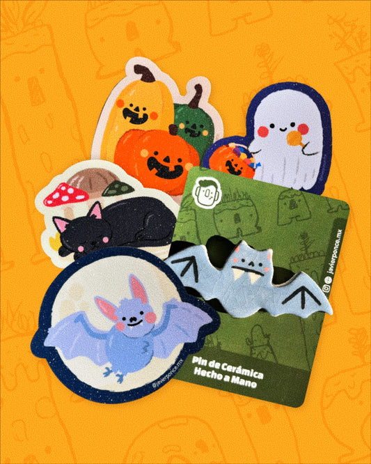 Set de Murciélago Halloween: Pin + 4 Stickers